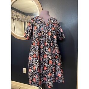 LOFT Women's Black Floral Print V-Neck Short Sleeve Smocked Waist Mini Dress L